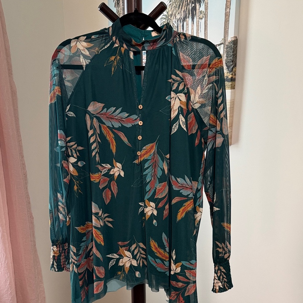 gimmicks by BKE Teal Floral Button-Front Mesh Blouse